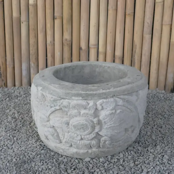 Product image 6 of the product “Balinese style flat round pot, with carving - 50cm Dia., 30 cm Height, Taro sand ”